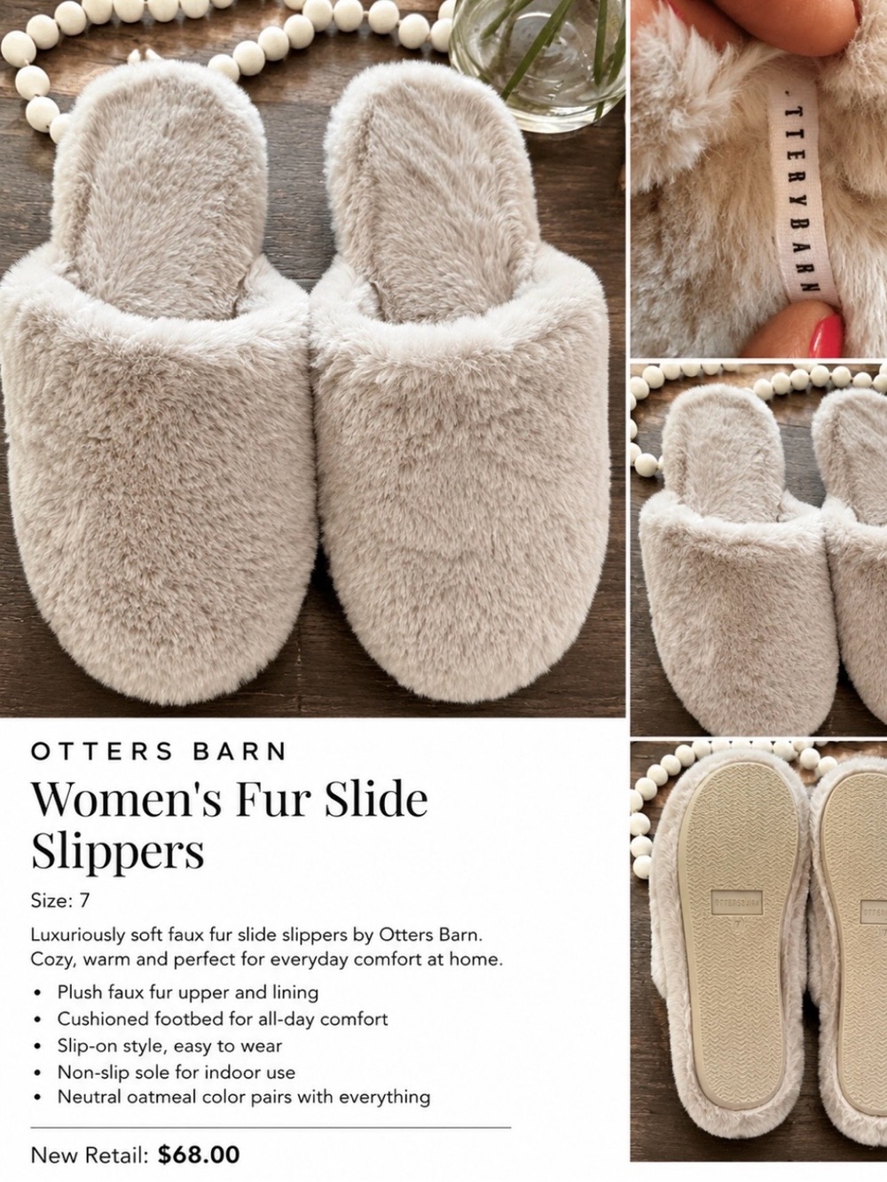 Pottery Barn Women's Plush Faux Fur Slide Slippers - Oatmeal